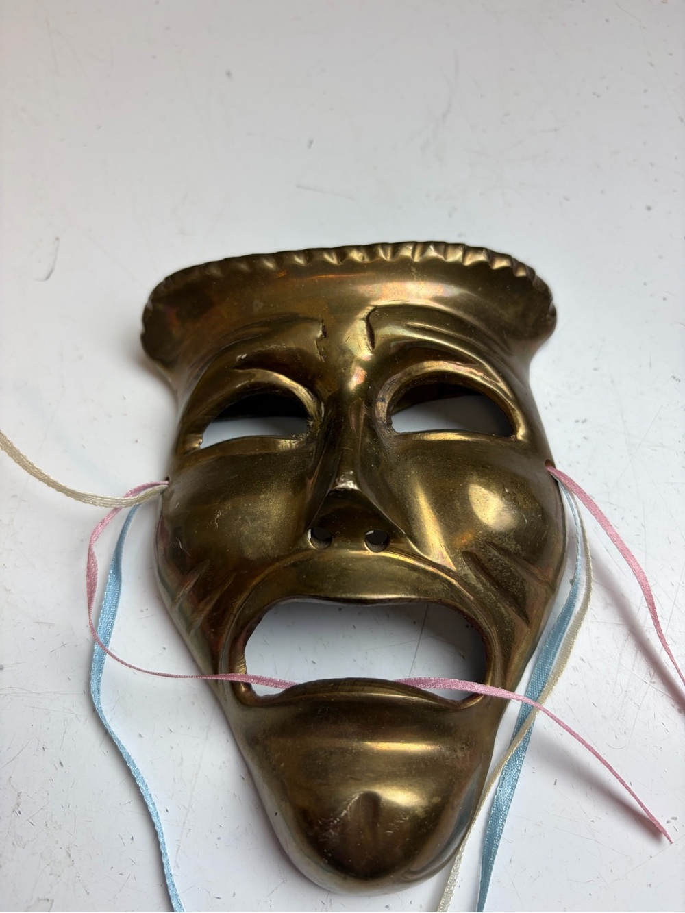 Brass Theatrical Comedy Mask with Pastel Ties